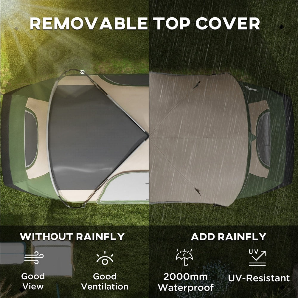 The camping tent demonstrating the removable rainfly cover for weather protection