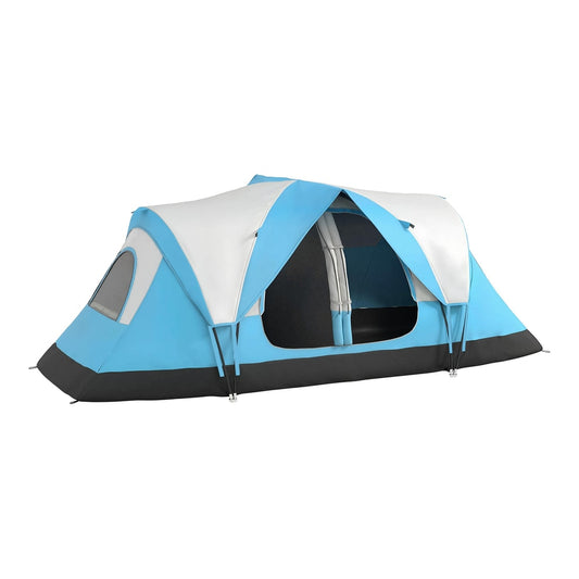 Outsunny Camping Tent for 6-8 Man, a spacious blue and white tent pitched on grass