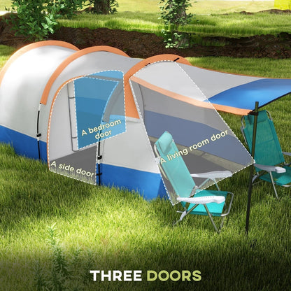 Close up of the large tunnel tent showing the three doors and labelled areas