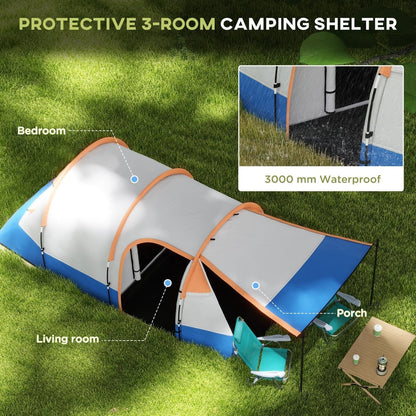 The waterproof camping shelter with labelled bedroom and living room areas