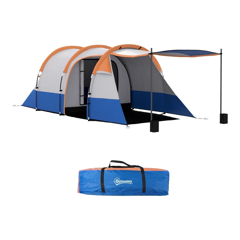 Outsunny Camping Tent, a large orange, blue and white tunnel tent with a carry bag underneath