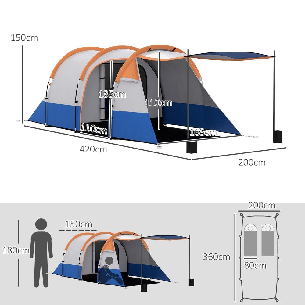 A size diagram showing the dimensions of the large tunnel tent and sleeping bag capacity
