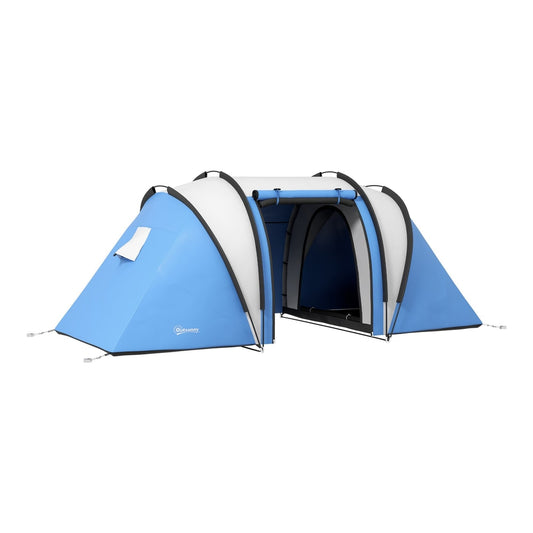 Outsunny Two-Man Tent, a blue camping tent with two sleeping compartments and a central living area