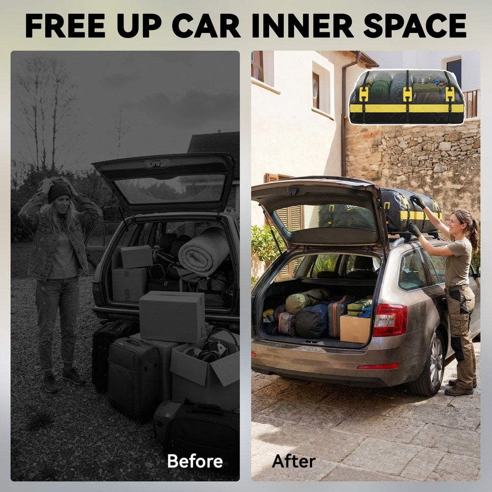 The car roof bag shown before and after loading, freeing up car inner space