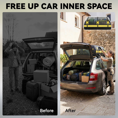The car roof bag shown before and after loading, freeing up car inner space