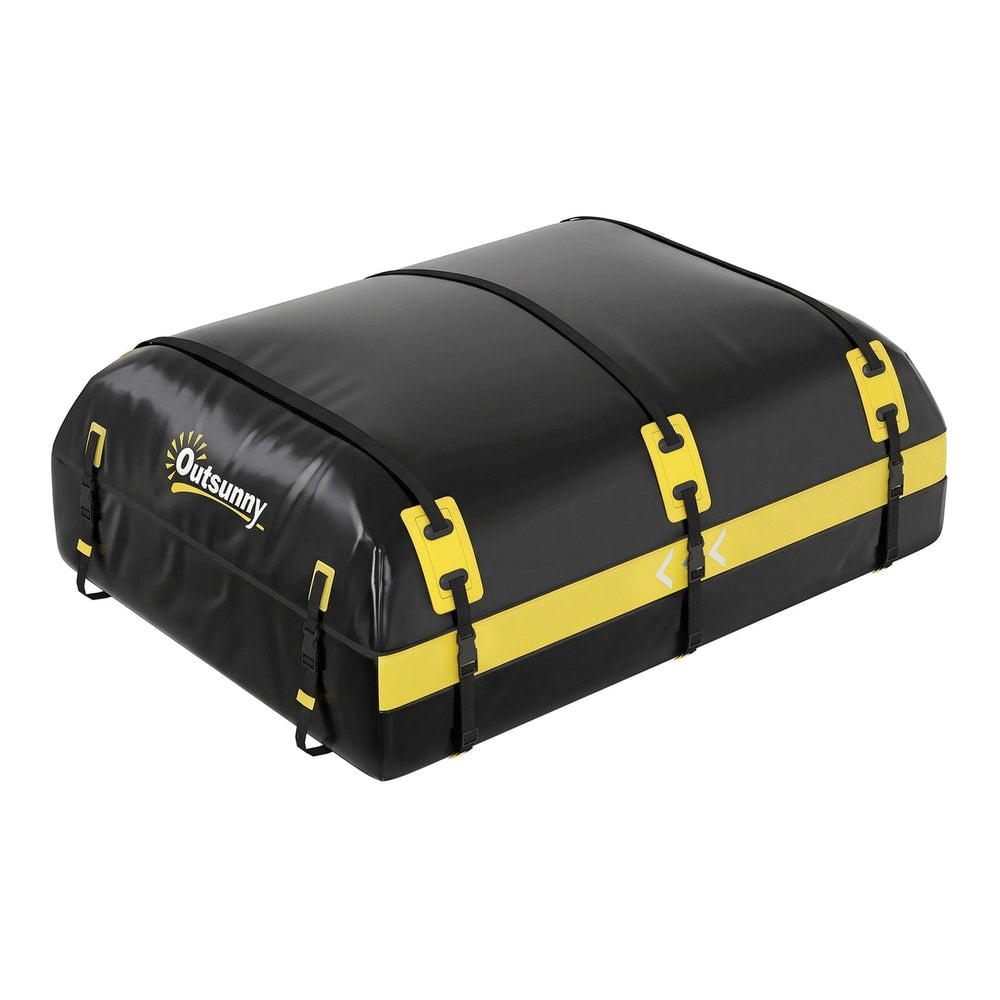 Outsunny Car Roof Bag, a black soft roof box with yellow straps and trim