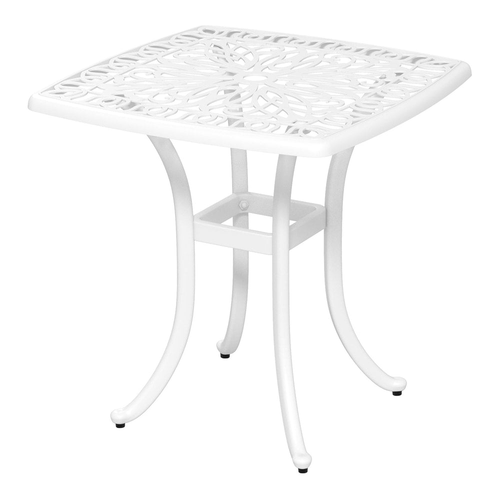 Outsunny Cast Aluminium Bistro Table, a white square garden table with ornate detailing on the tabletop and curved legs