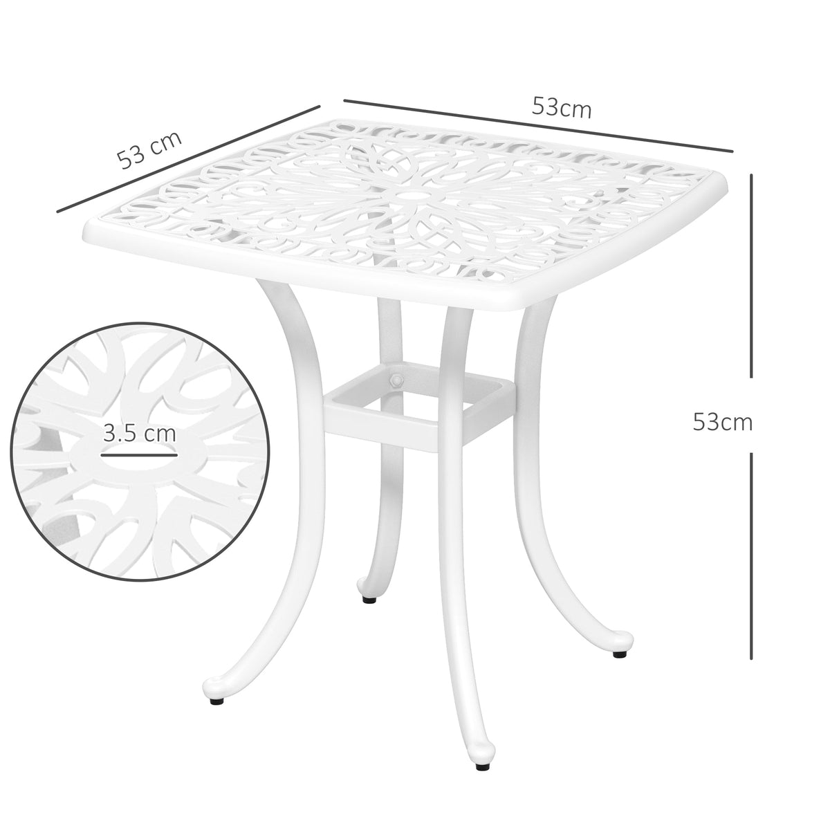 A white square garden table with dimensions shown in centimetres, including tabletop size and leg height