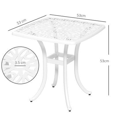 A white square garden table with dimensions shown in centimetres, including tabletop size and leg height