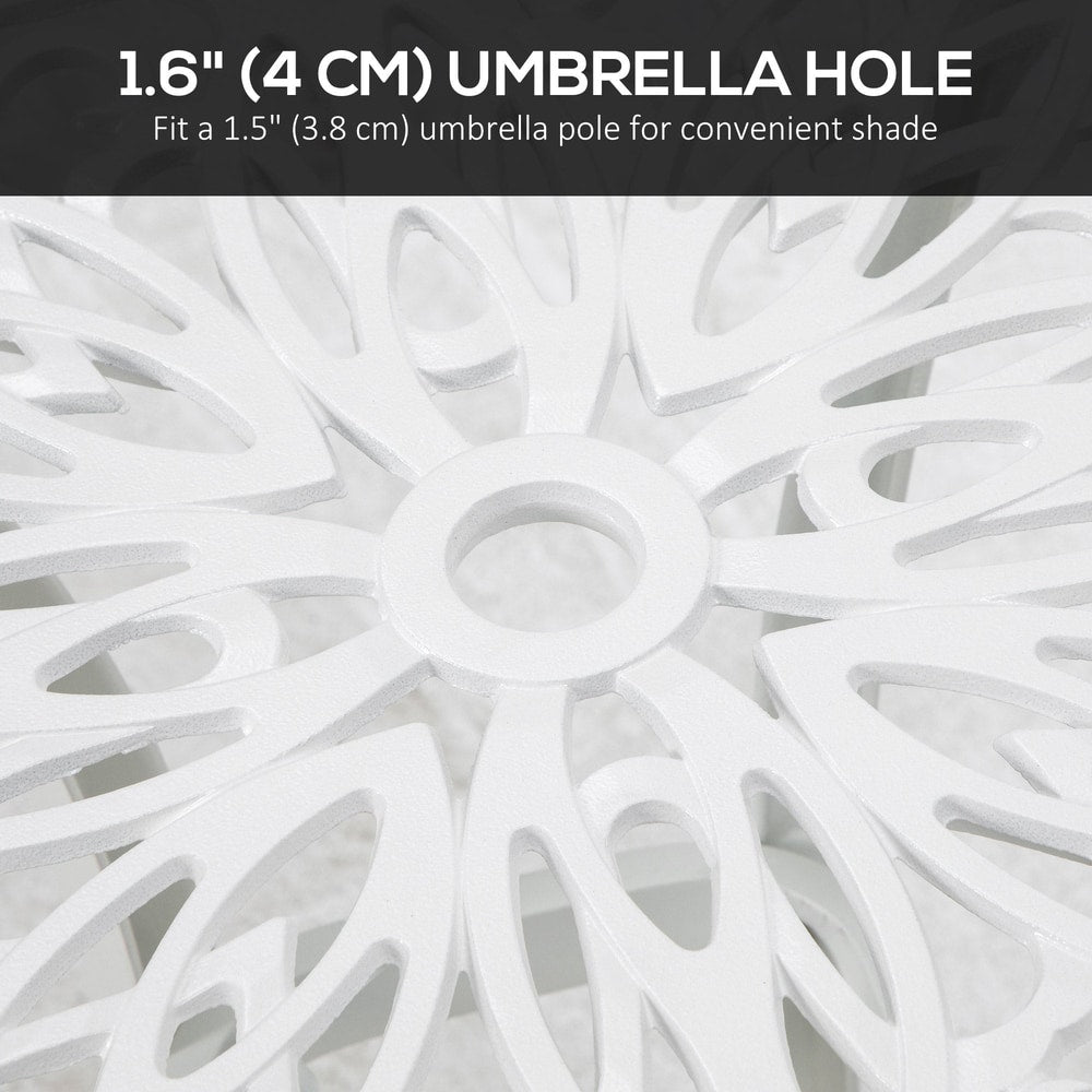 Close-up of the white square garden table showing the central umbrella hole and decorative pattern
