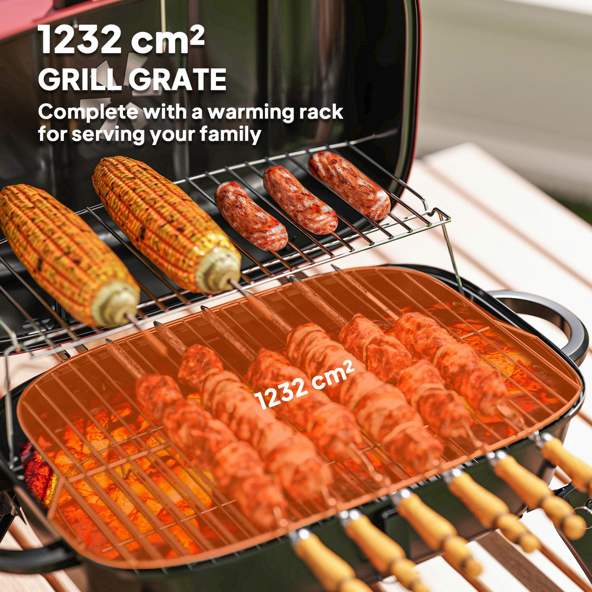Close up of the grill grate showing food cooking on the charcoal grill