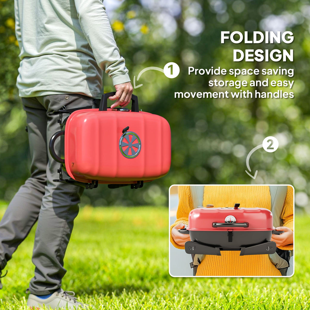 The red charcoal grill being folded and carried by its handles
