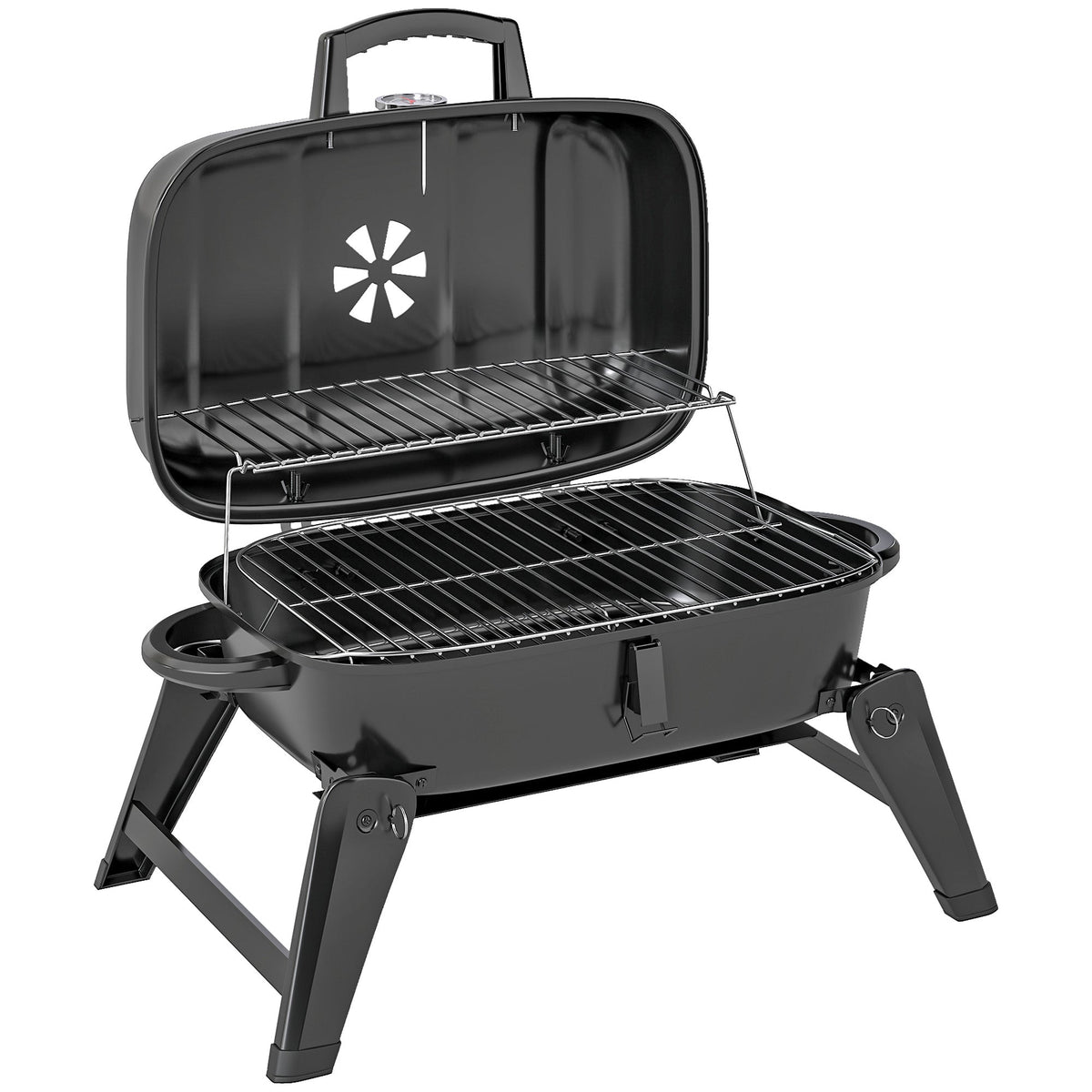Outsunny Charcoal Barbecue Grill with the lid open showing the cooking racks and internal vent