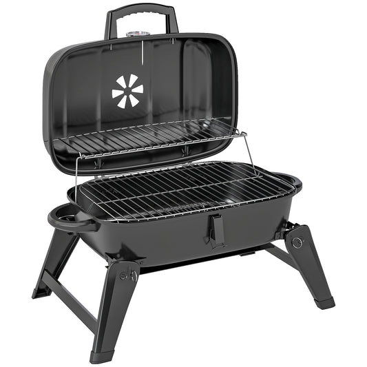 Outsunny Charcoal Barbecue Grill with the lid open showing the cooking racks and internal vent