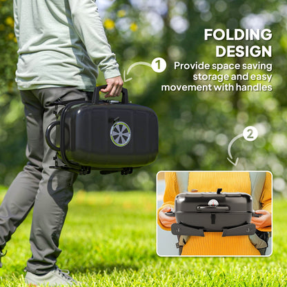 The charcoal grill being carried by a person showing the folding design and handle