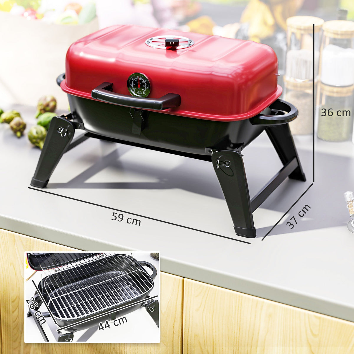 The red charcoal grill with dimensions shown and a close up of the cooking grate
