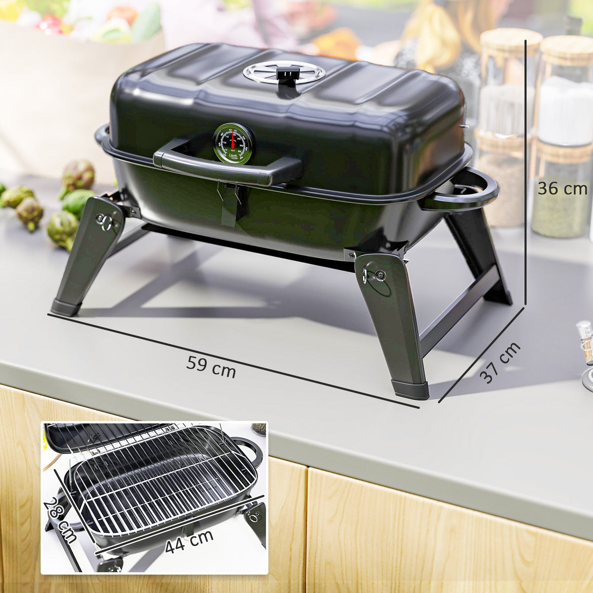 The charcoal grill closed with dimension lines indicating the overall size and cooking area