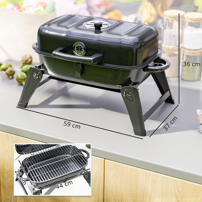 The charcoal grill closed with dimension lines indicating the overall size and cooking area