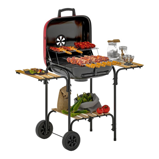 Outsunny Charcoal Barbecue Grill with food cooking on the grates and side shelves for storage