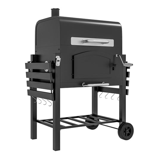 Outsunny 3-in-1 Charcoal BBQ in black with side shelves and a lower storage rack