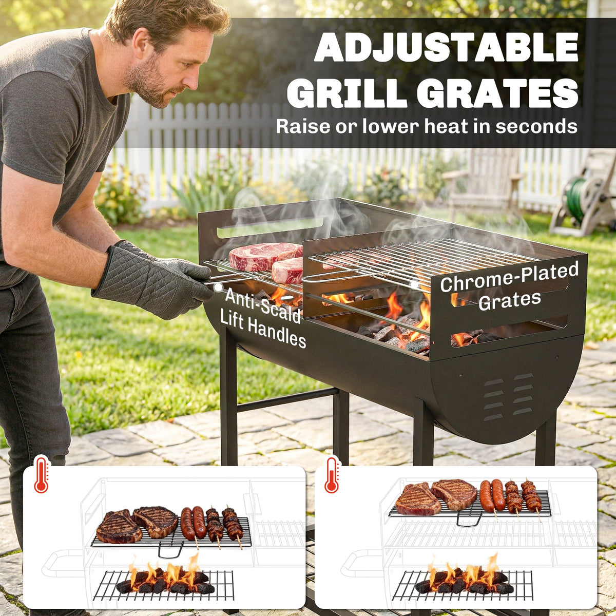 A man adjusts the height of the chrome-plated grill grates on the charcoal barbecue