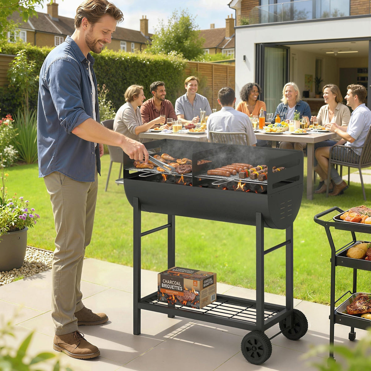 The charcoal grill is set up in a garden with people eating at a table in the background