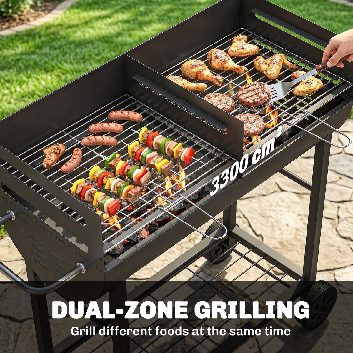 Close up of the dual zone grilling areas on the charcoal barbecue