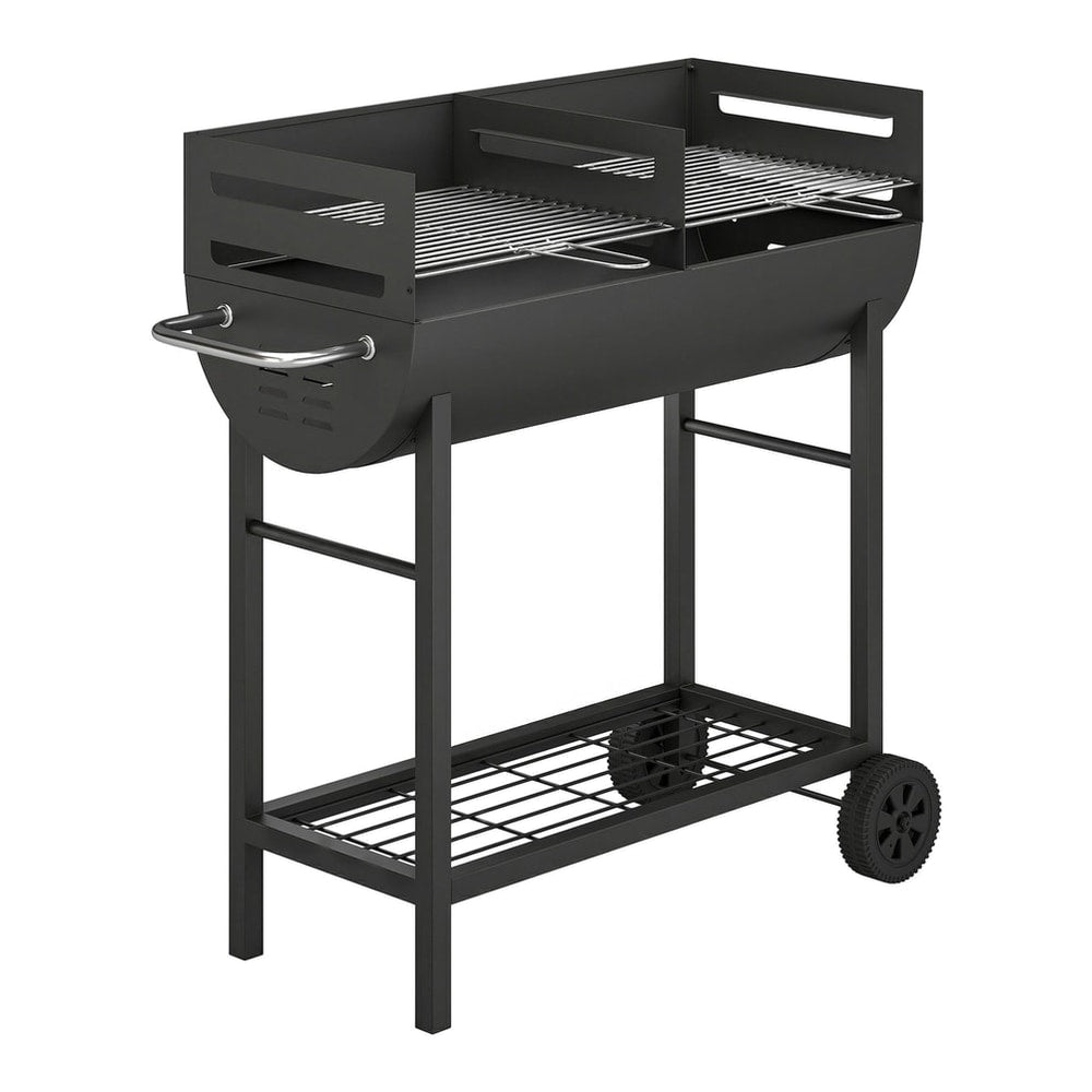 Outsunny Charcoal Barbecue Grill with 2 Cooking Areas, a black trolley BBQ with two grates and a bottom shelf