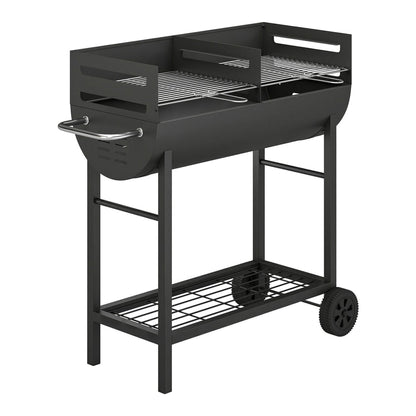 Outsunny Charcoal Barbecue Grill with 2 Cooking Areas, a black trolley BBQ with two grates and a bottom shelf