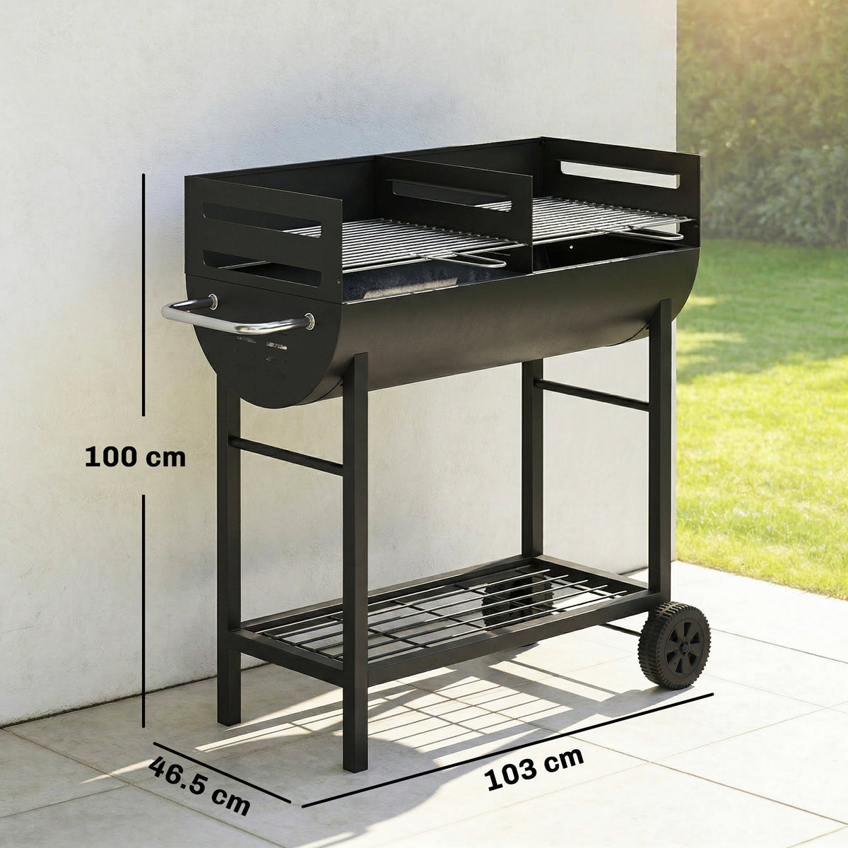 A charcoal grill with dimensions shown for height, width and depth