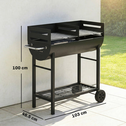 A charcoal grill with dimensions shown for height, width and depth