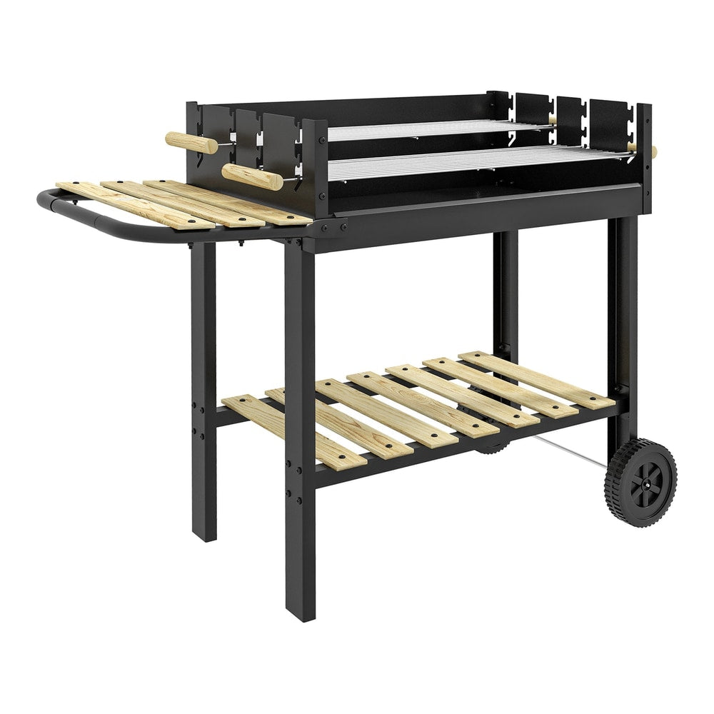 Outsunny Charcoal BBQ Grill with two wooden side shelves and two slatted storage shelves below