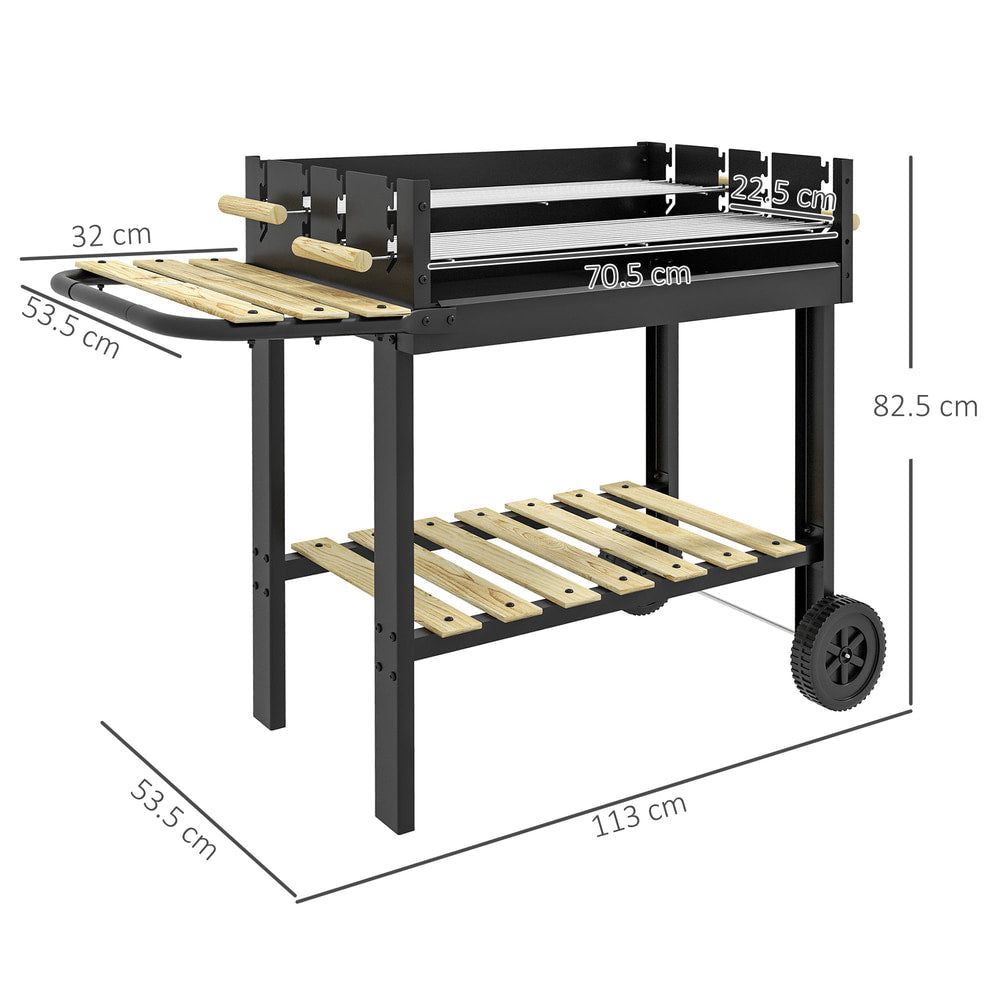 Black trolley charcoal grill with dimensions shown on a diagram
