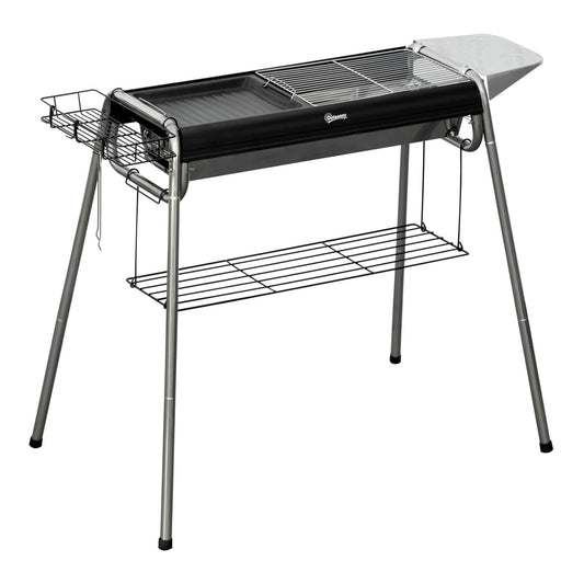 Outsunny Charcoal BBQ Grill - Black, a black and silver portable barbecue grill with two shelves and a side table