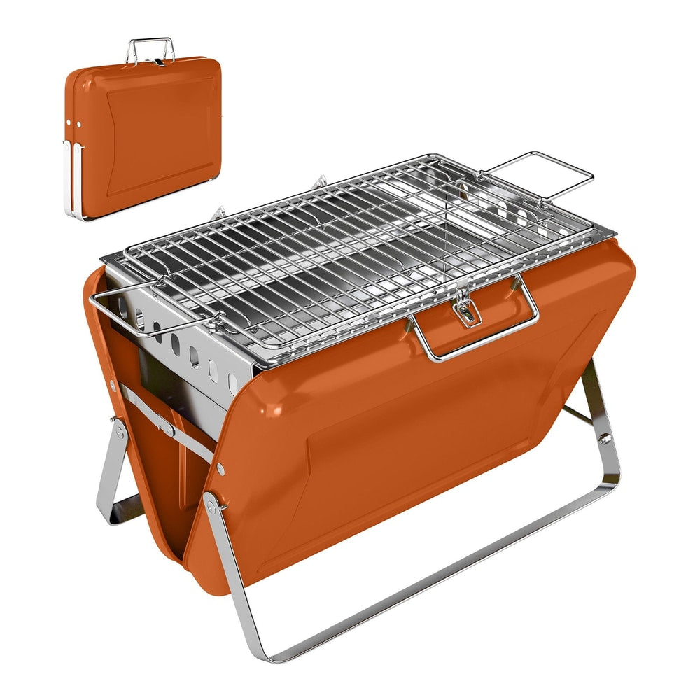 Outsunny Charcoal BBQ Grill in orange, shown open with a folded carry handle on top