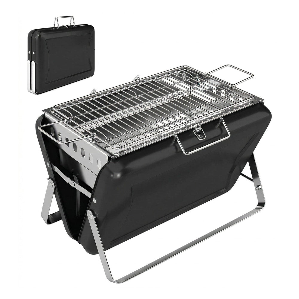 Outsunny Charcoal BBQ Grill, a black portable stainless steel barbecue with folding legs and a removable grill rack