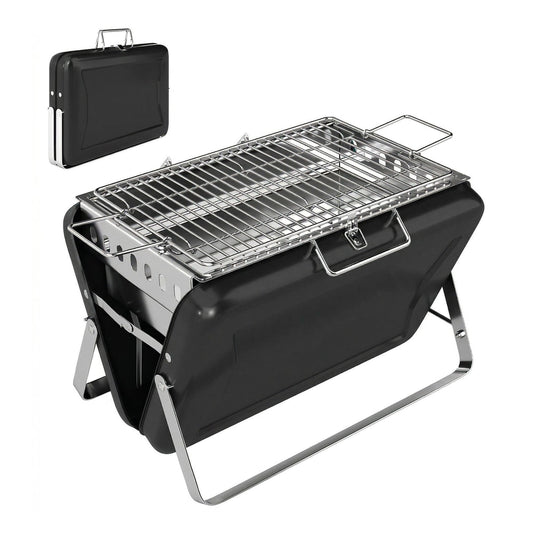 Outsunny Charcoal BBQ Grill, a black portable stainless steel barbecue with folding legs and a removable grill rack