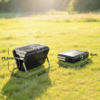 Dimensions of the portable charcoal grill shown folded and open, with measurements provided