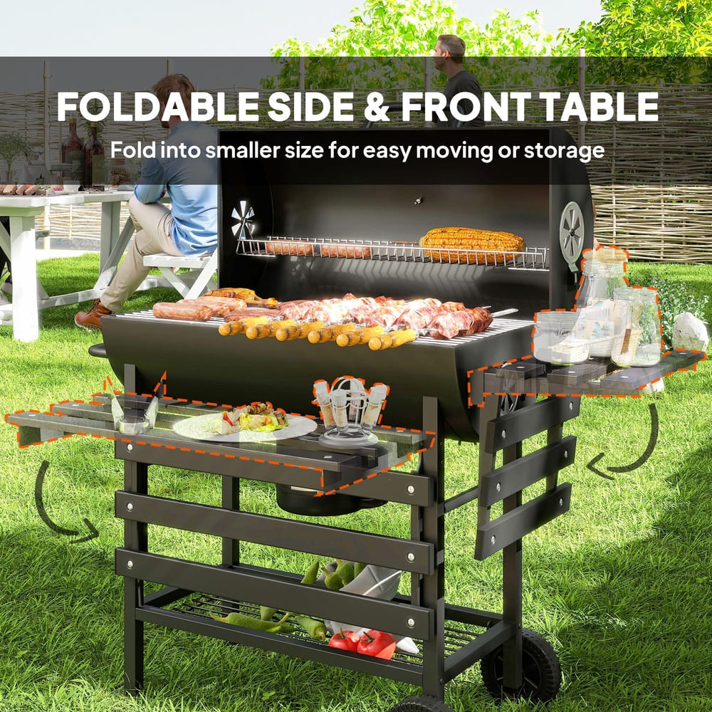 The charcoal grill with its side and front shelves folded down for compact storage