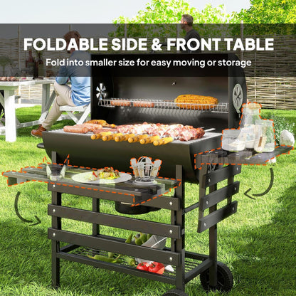 The charcoal grill with its side and front shelves folded down for compact storage