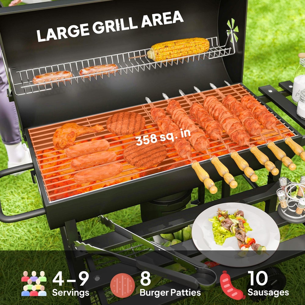 Close up of the large grill area showing burgers, sausages, and corn cooking