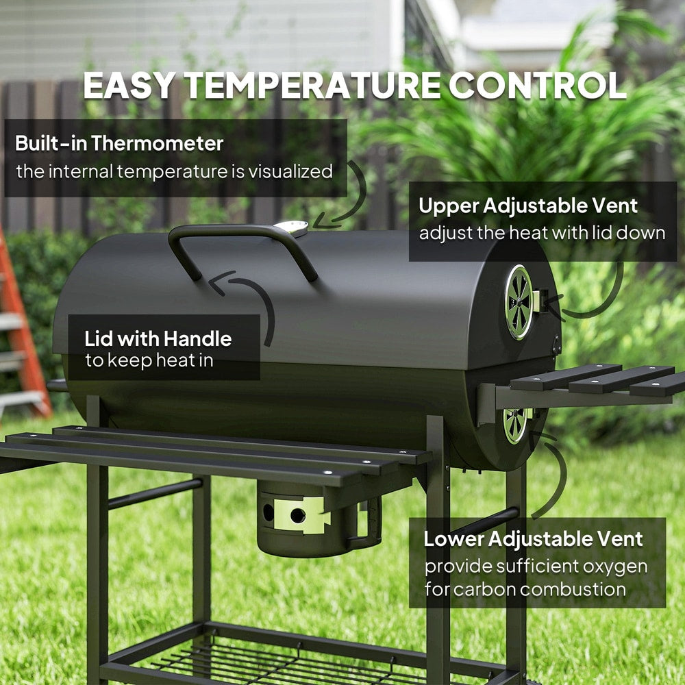 Close up of the charcoal grill lid showing the handle and temperature gauge