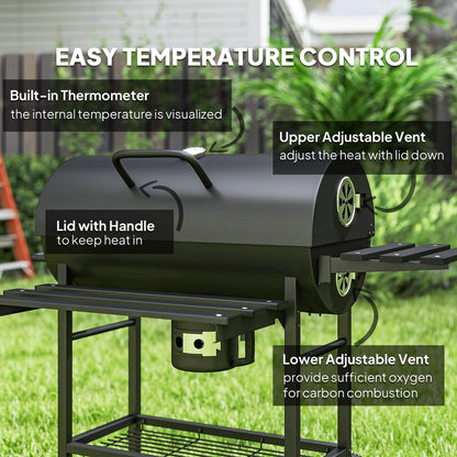 Close up of the charcoal grill lid showing the handle and temperature gauge