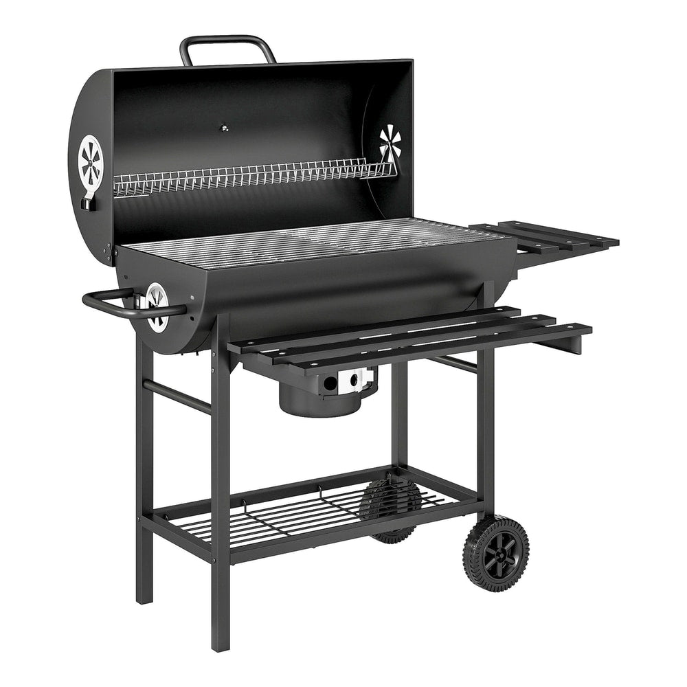Outsunny Charcoal BBQ Grill with Foldable Front Side Shelf, a black portable barbecue smoker with a warming rack and wheels