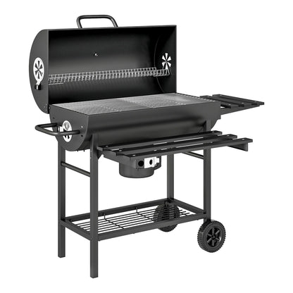 Outsunny Charcoal BBQ Grill with Foldable Front Side Shelf, a black portable barbecue smoker with a warming rack and wheels