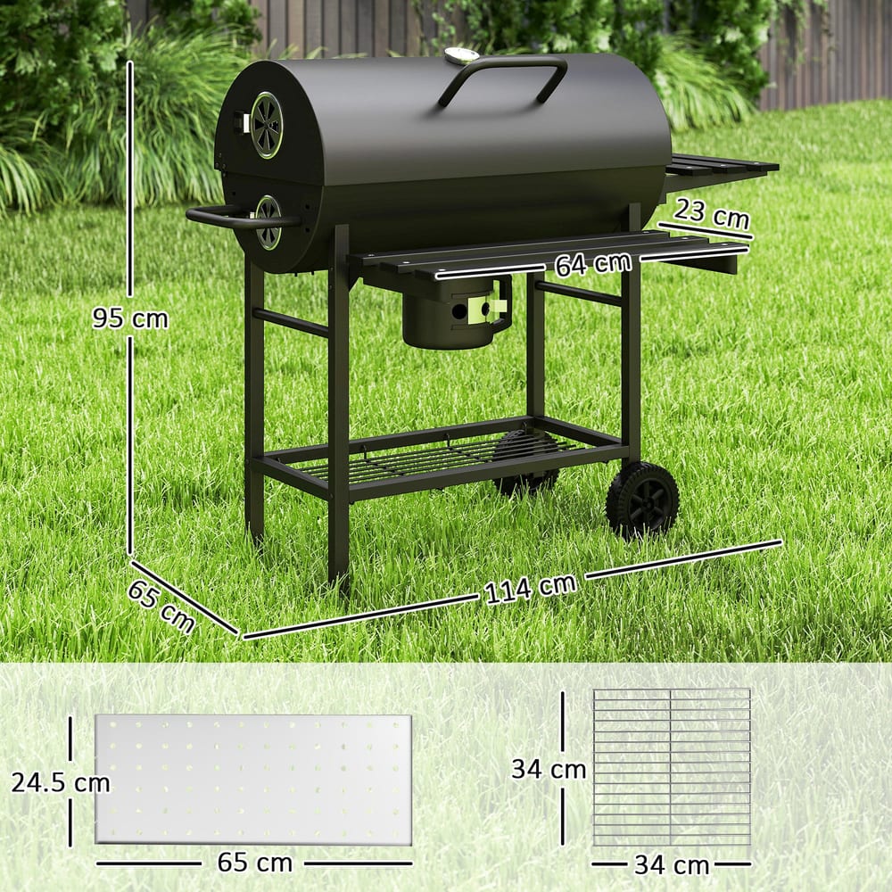 Dimensions of the charcoal grill, showing height, width, and depth measurements