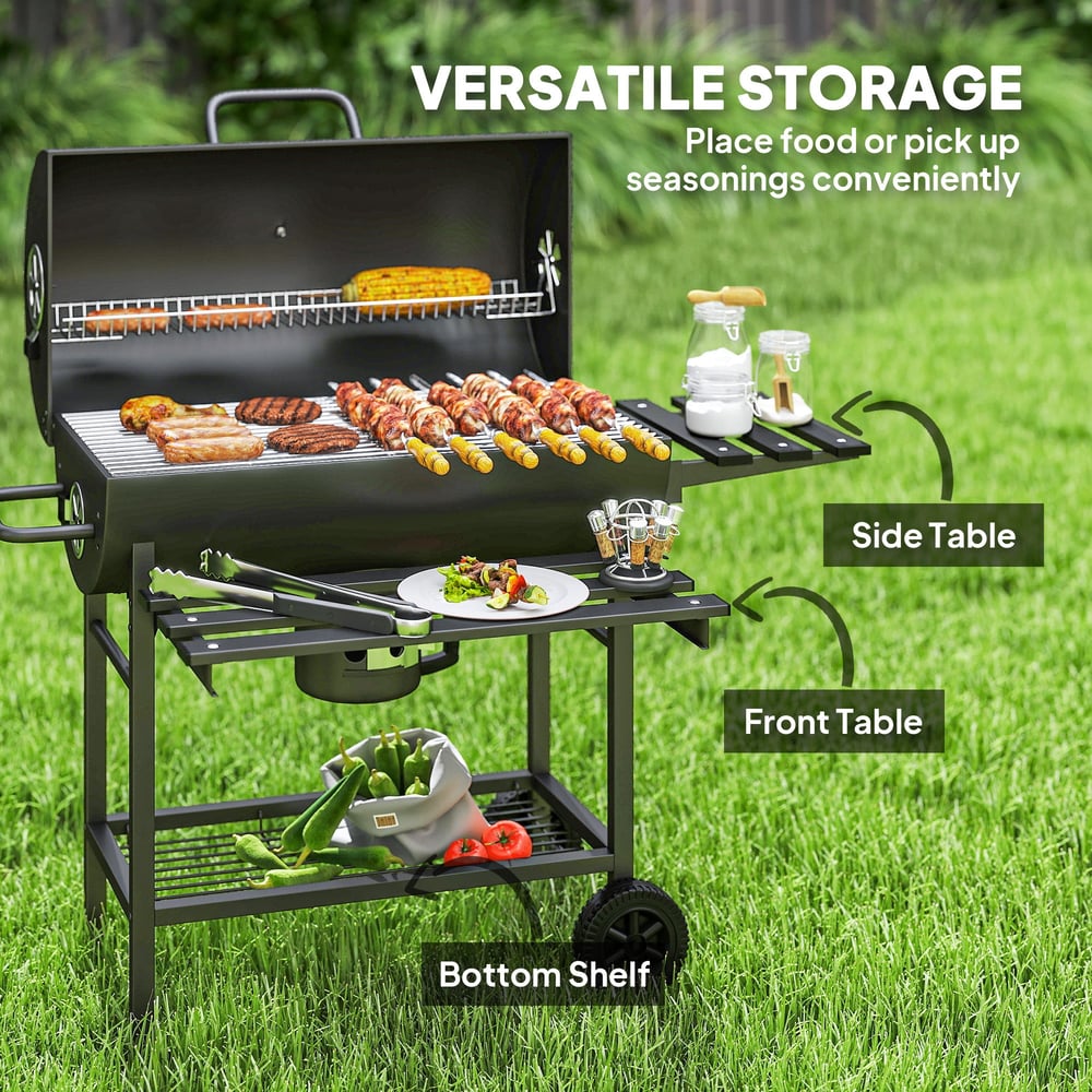 The charcoal grill with foldable side and front shelves, and a bottom shelf for storage