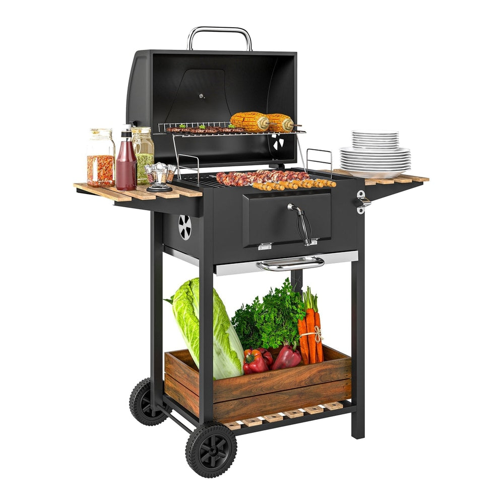Outsunny Charcoal BBQ Grill with Height Adjustable Charcoal Pan shown with food and side shelves