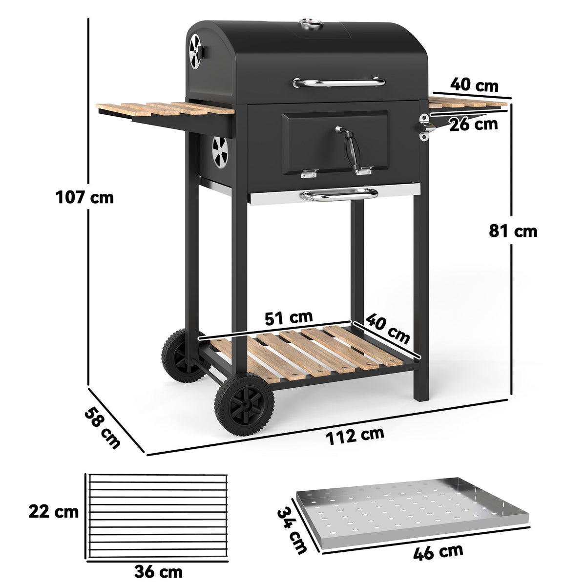 The charcoal grill with various dimension lines and labels showing the size of the unit
