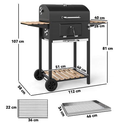 The charcoal grill with various dimension lines and labels showing the size of the unit